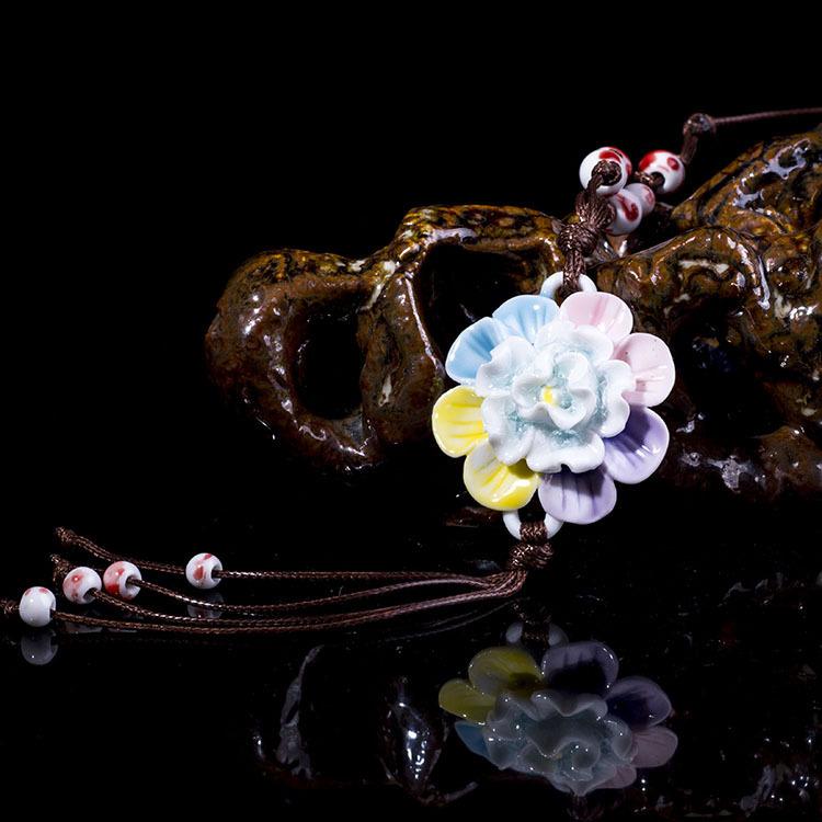 Classical Ceramic Blue and White Porcelain Peony Flower Necklace Women's Literary Retro Versatile Long Sweater Chain Accessories