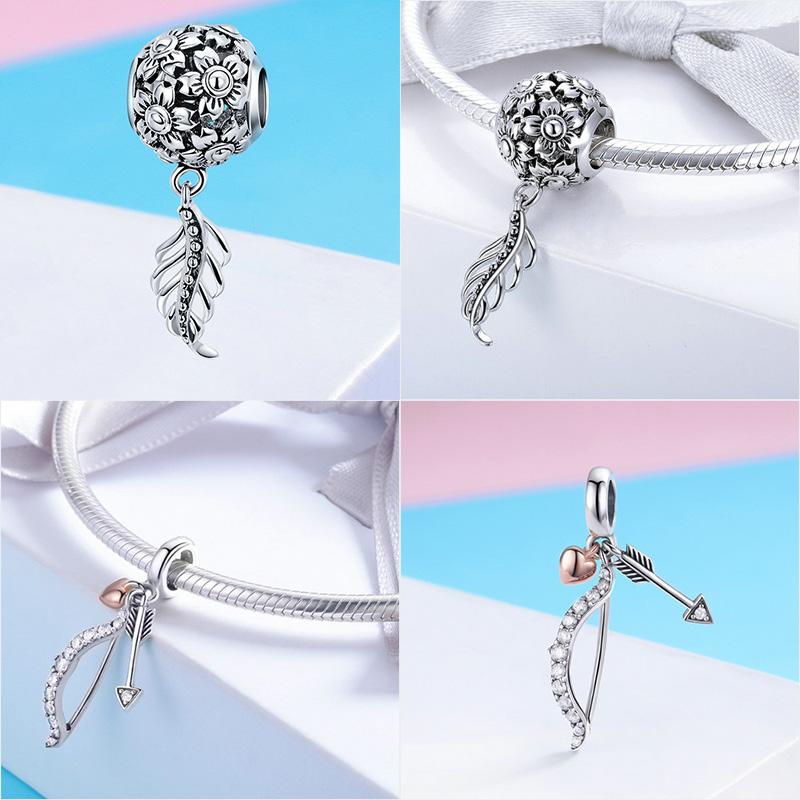 925 Sterling Silver Princess Crown Charms Heart Love Lock Feather Clear CZ Pendant Beads Fit Silver 925 Bracelet Jewelry Making