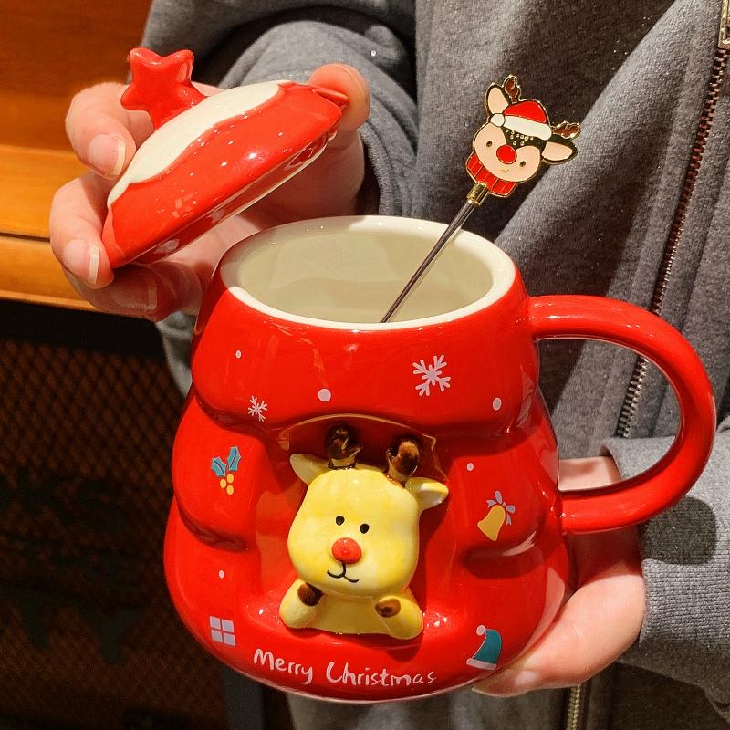 Creative Christmas Cup High Precision Cartoon Ceramic Cup Gift Practical Gift Mug with Lid Spoon Gift Gift Box Pack