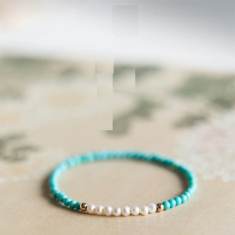 

Turquoise Freshwater Pearl Beaded Bracelet – Natural Rice Beads with Gold Accents, Dainty Boho Jewelry Gift for Women