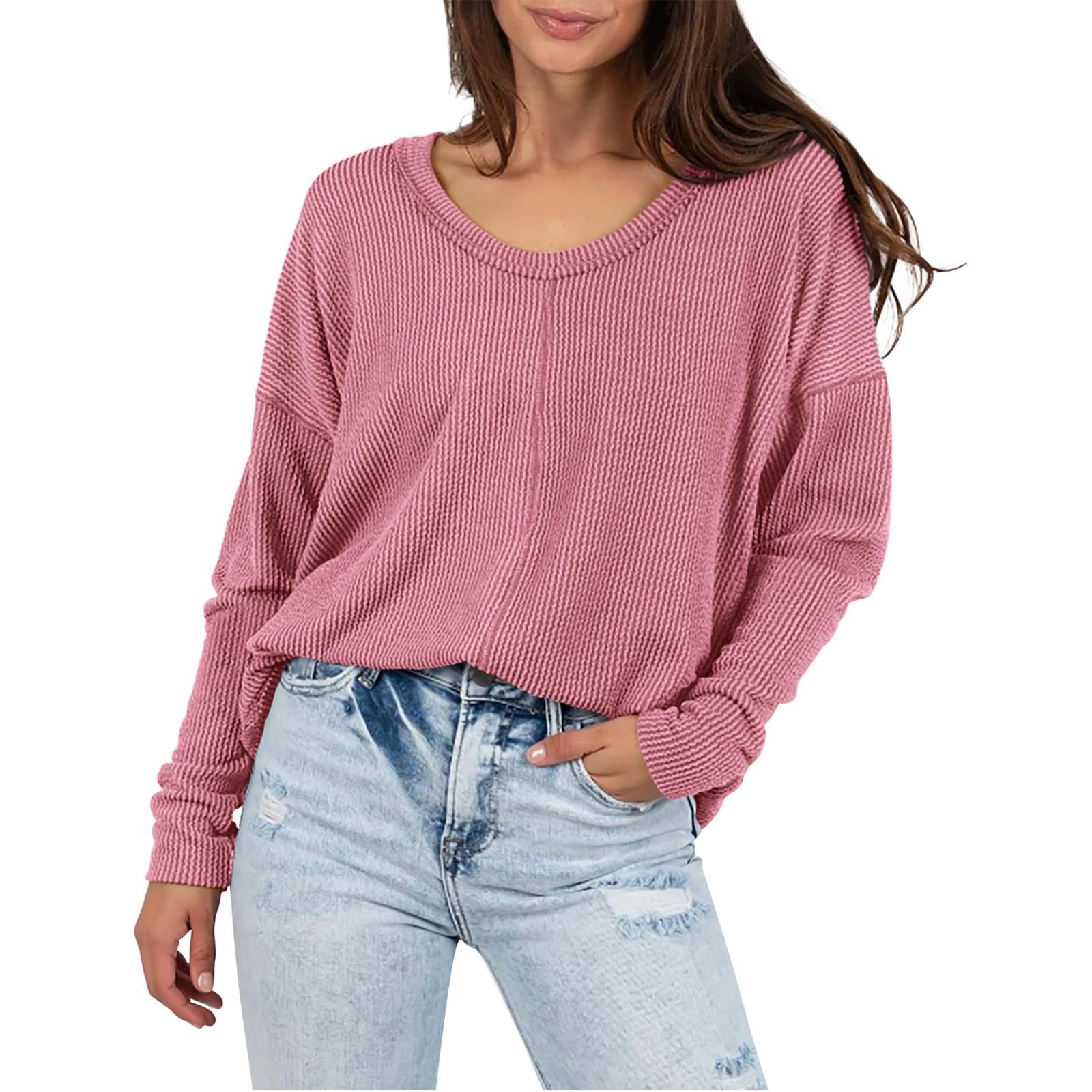 

Женская ребристая V-образная горловина свободного кроя повседневная модная симпатичная футболка с длинным рукавом на осень футболка-топ S розовый