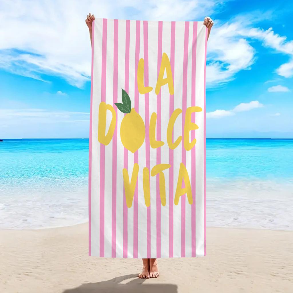 1pc striped lemon "La Dolce Vita" printed beach towel, a multifunctional beach towel suitable for camping, vacation and swimming