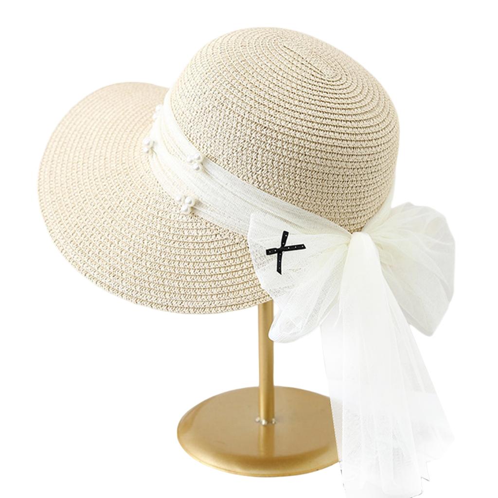 Elegant Straw Sun Hat with Pearl Mesh Bow Women Ladies Large Brim Beach Cap Casual Summer Outdoor Travel UV Protection Hats