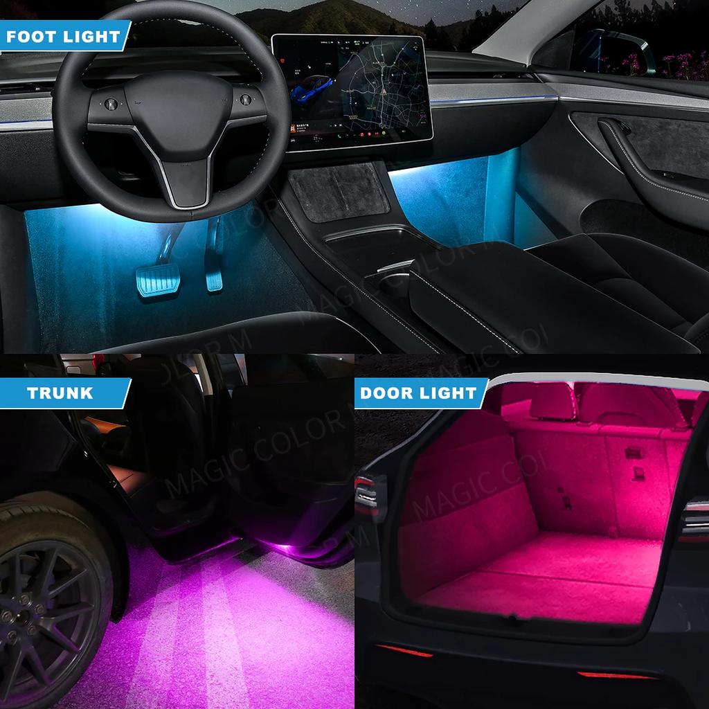 For Tesla Model 3 Y S X Car Footwell Light LED Atmosphere RGB APP Interior Floor Door Puddle Trunk Decorative Lamps Accessories