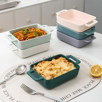 Ceramic Binural Baking Tray Household 8 Inch Solid Cream Wind Cheese Baked Rice Dining Plates Rectangle Oven Microwave Tableware