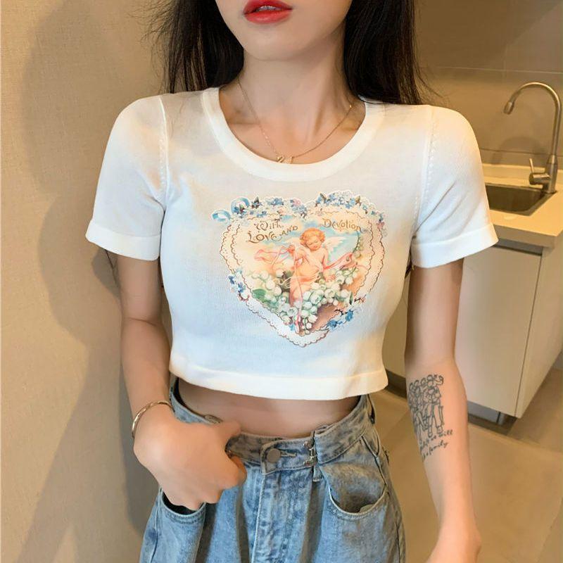 

Элегантные футболки в эстетике ангелов, винтажные, с графикой 90-х, в корейском стиле, для женщин M белый