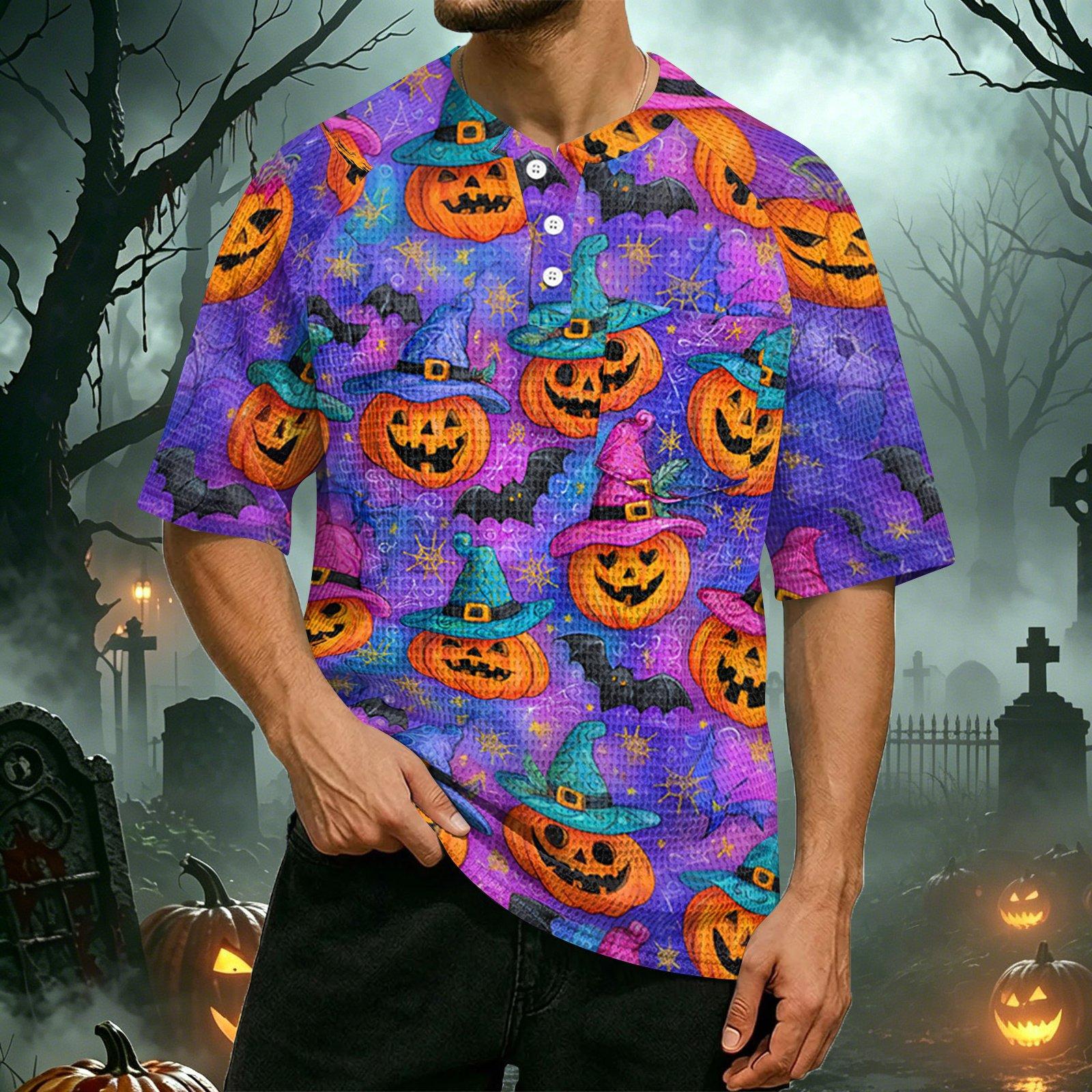 Men Waffle Knit Raglan Sleeve Short Sleeve Shirt with Halloween Pumpkin Print Casual Henley Neck Button Design Top L чёрный