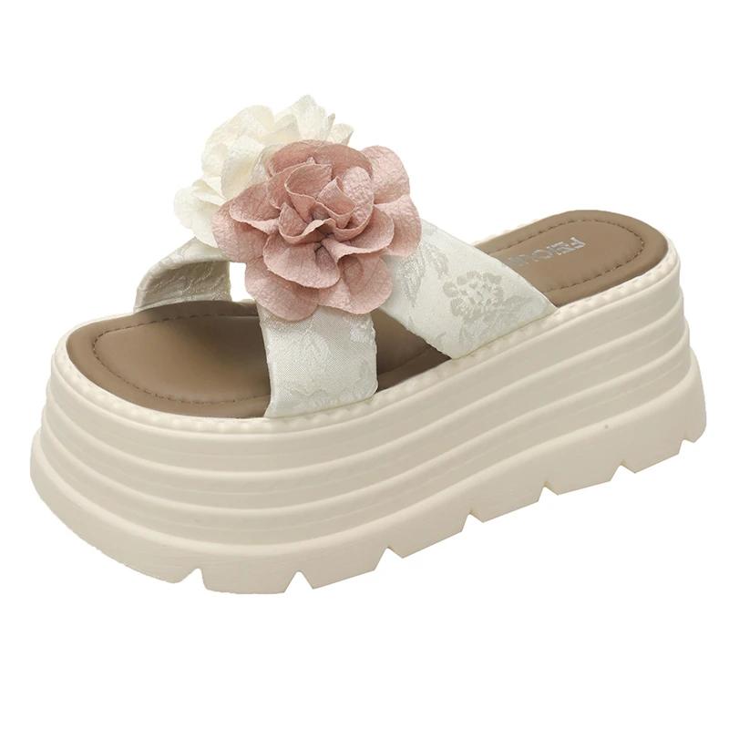 

Модные женские шлепанцы на высокой платформе 8 см, лето 2025, новинка, на толстой подошве, женские туфли на высоком каблуке, цветочные пляжные сандалии, этнические шлепанцы 39