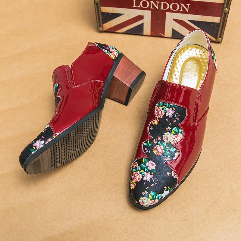 Fashion Height Increasing Leather Shoes For Men Printing Patchwork Casual Loafers Wedding Formal Dress Footwear White Red Black