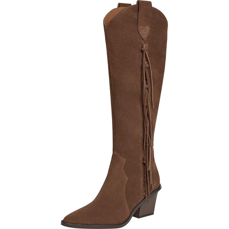 Women s Winter Suede Tassel Chunky Heel Western Boots 37