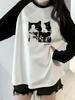 Women's Loose Fit Round-Neck T-Shirt with Color Blocking and Notched Shoulder Sleeve Fall/Winter Printed Long Sleeve Staple Top