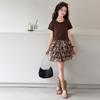 2026 Girls' Leopard Print Two-Piece Set: Short-Sleeved Top & Pleated Skirt