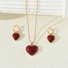 3PCS Vintage Red Heart Pendant Necklace Earrings Set for Women Simple Gold Color Necklace Earrings Fashion Female Party Jewelry