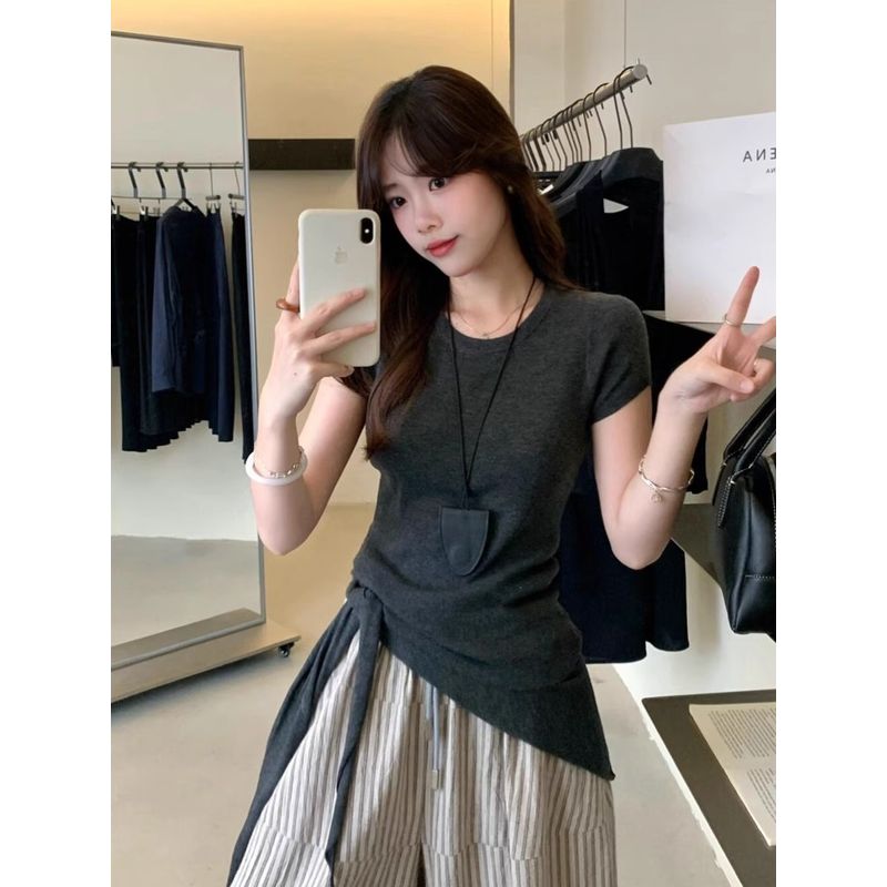 Kumikumi High-Grade Simple Temperament Round Neck Short Sleeve Knit Women Clothes Summer Slim Fit Slimming Versatile Top