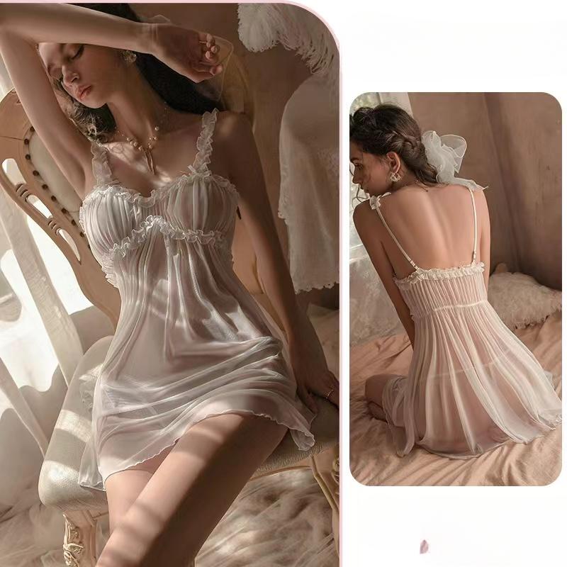 White Sexy Lingerie Women's Underwear Mesh See Through Babydoll Nightdress And Thongs Pijamas Sets Female Erotic Costumes