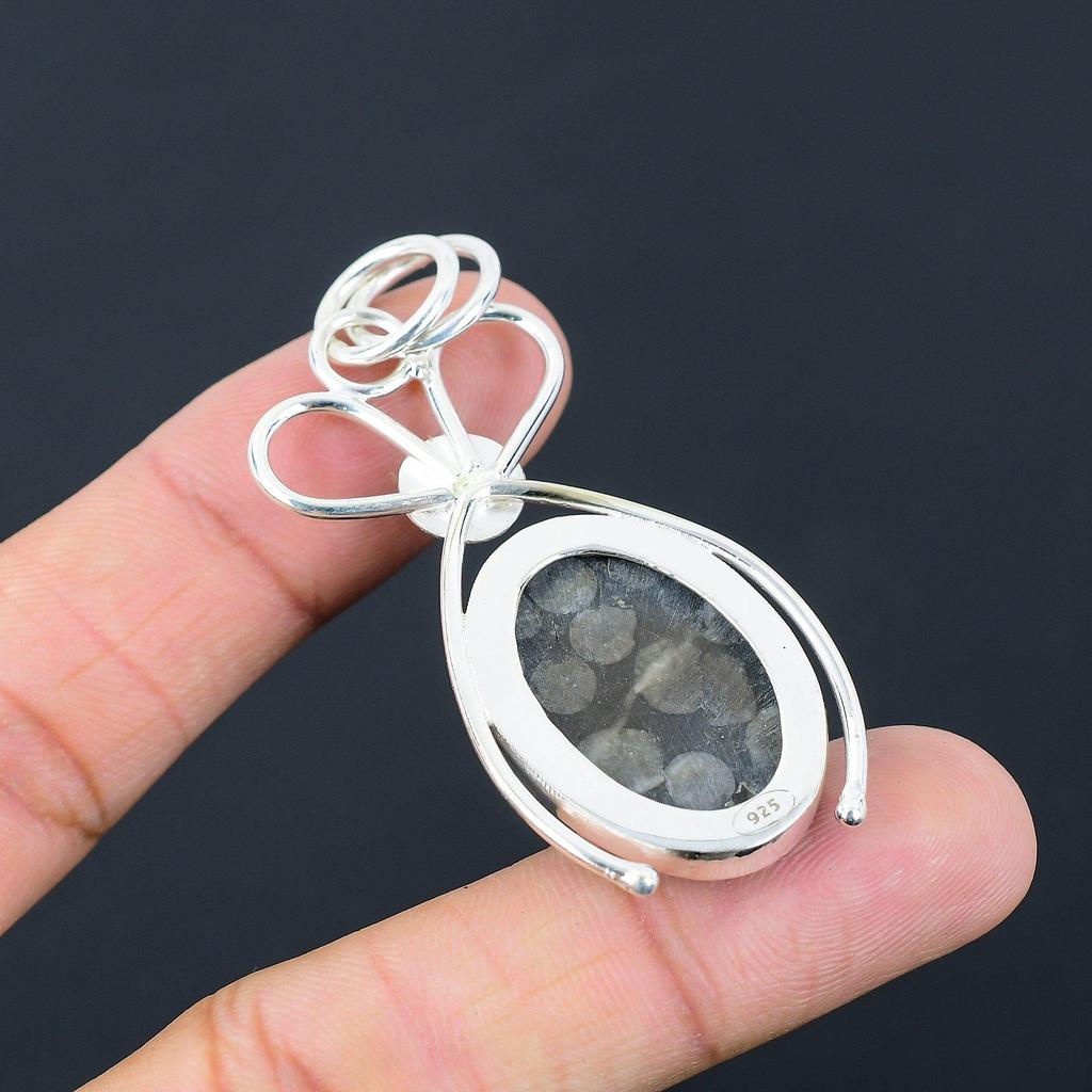 Sterling Silver Oval Root Chakra Black Fossil Coral Stone Sister Wedding Pendant