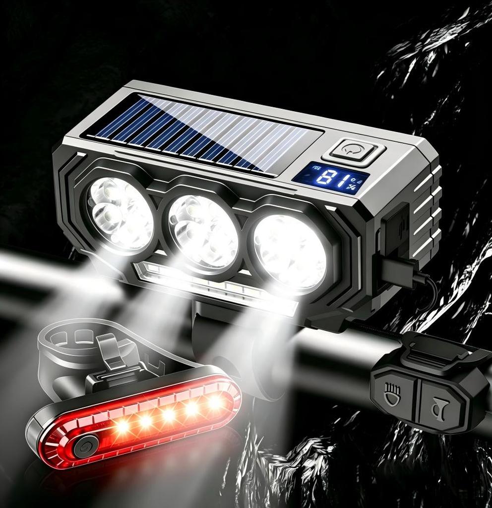 Farol Solar para Bicicleta de 900 Lúmens com Carregamento USB, Feixe Alto/Baixo, Buzina e Bateria de Longa Duração para Pedalar à Noite
