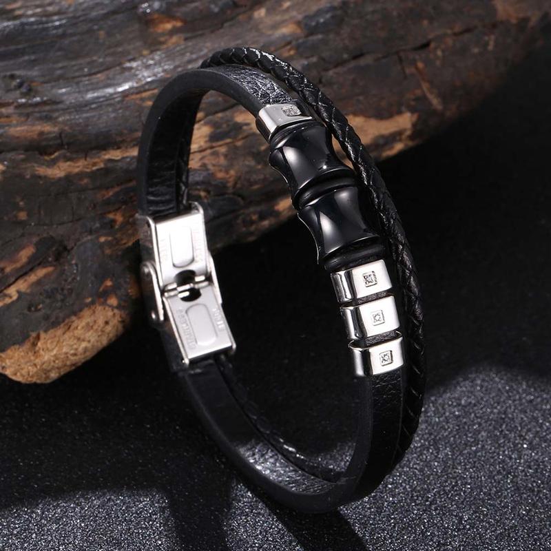 

Модные многослойные кожаные браслеты для мужчин и женщин с гравировкой из нержавеющей стали, повседневный браслет в подарок Inner Perimeter205mm чёрный