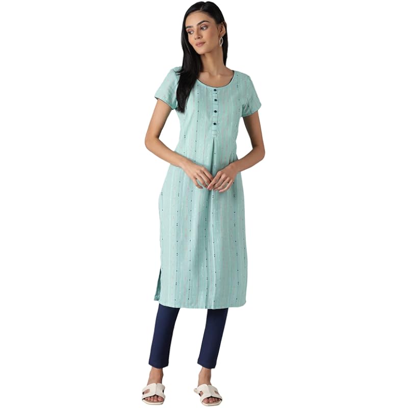Aurelia Women's Cotton Geometric Regular Kurta (22FEA12879SS-701898_Teal Green_XS)