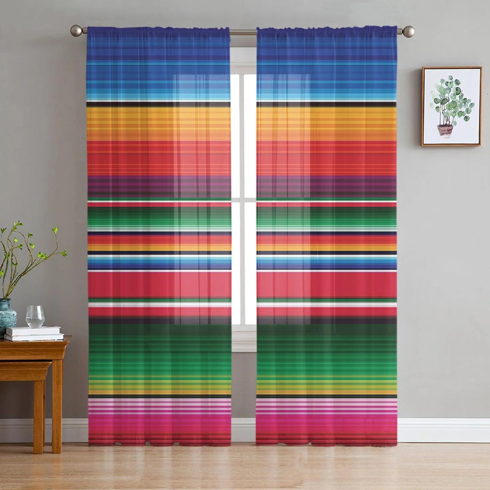 

Colorful Mexican Stripes Bedroom Transparent Sheer Curtains Holiday Decoration Window Voile Tulle Curtain