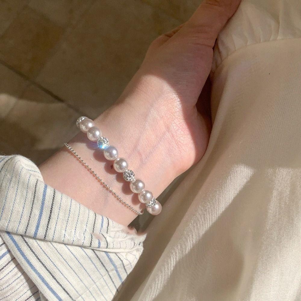 Charm Pearl Crystal Bracelet Shining Zircon Double Layer Bracelet Sweet Beaded Hand Bangle  Party