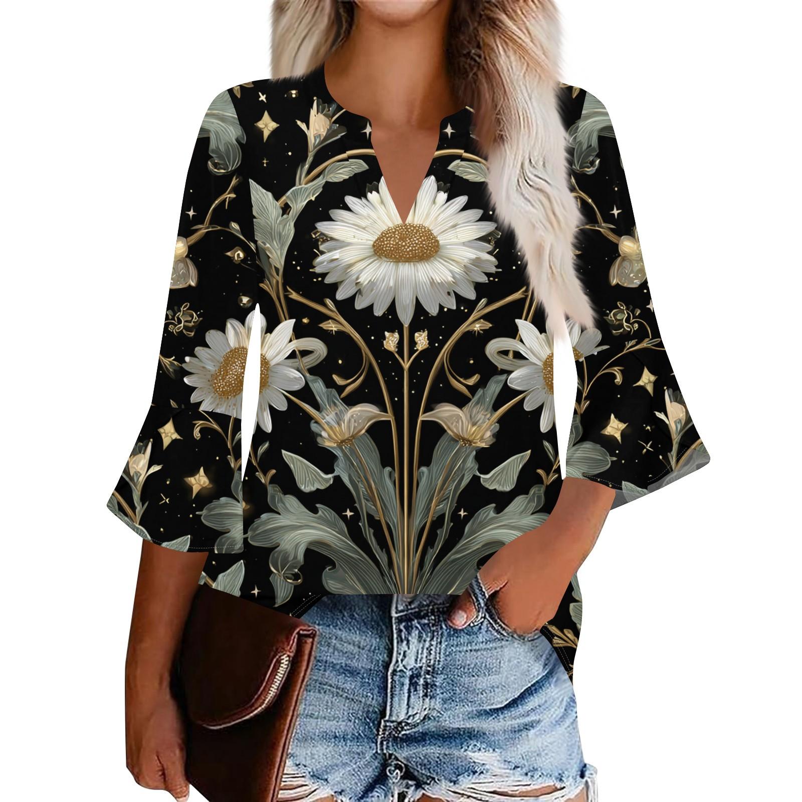 

Женский повседневный модный топ с цветочным принтом, рукавом три четверти и круглым вырезом XL белый