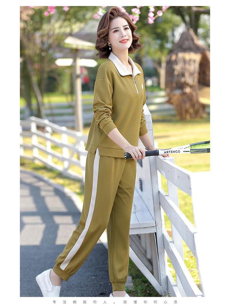 Freizeit-Sportbekleidung für Damen für Frühling & Herbst: Stilvolles, lockeres Zweiteiler-Set mit langen Ärmeln für die mittlere und ältere Generation