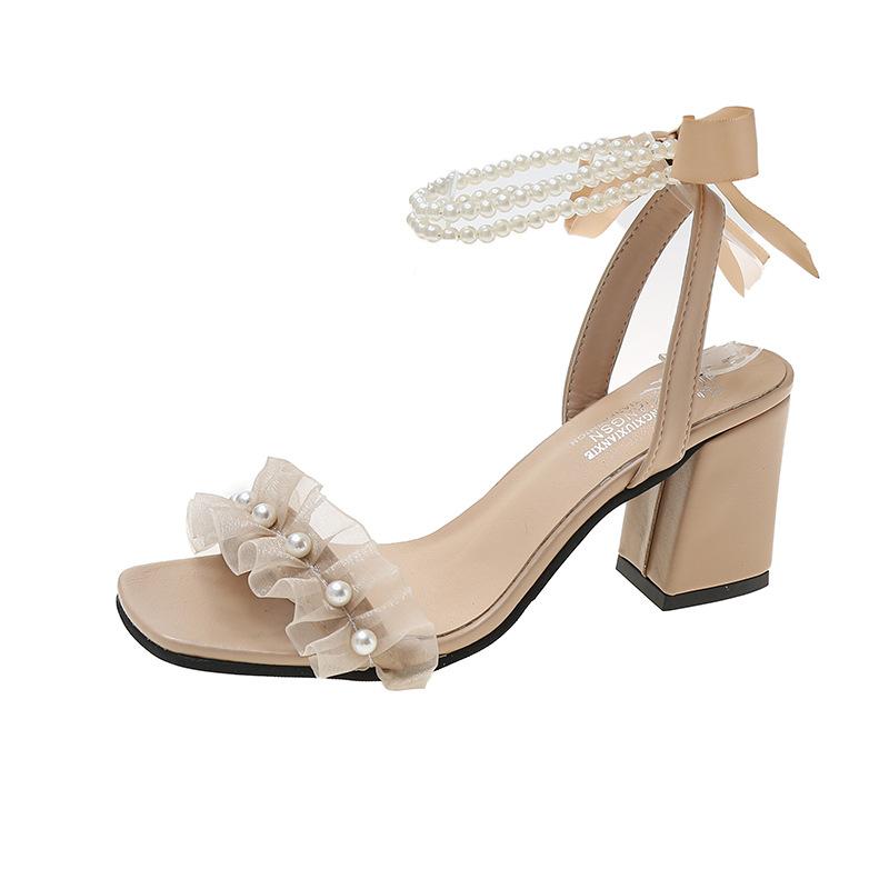 One-word sandals New women's summer versatile lady straps bow thick heel high heels