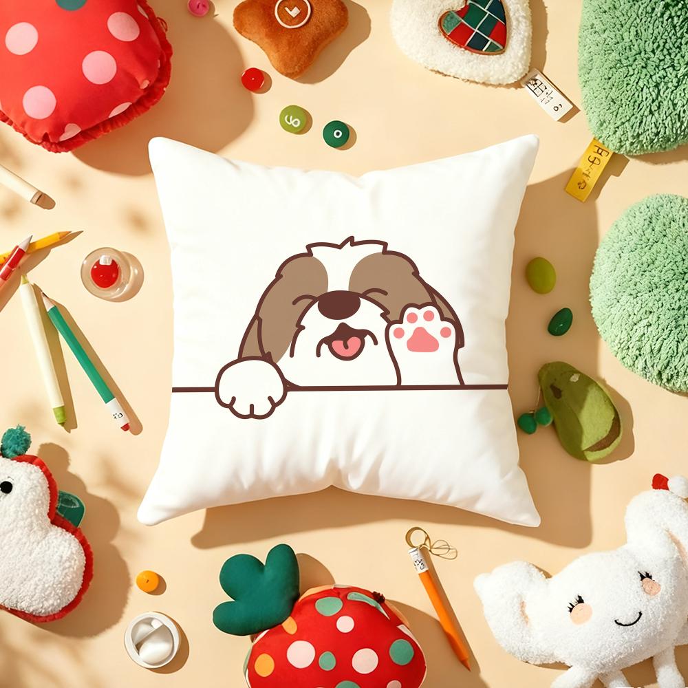 Cute Dog Waving Paw Cushion Cover Plush Fabric Soft Double-Sided Printed Sofa Warm Winter Home Child Gift Pillow Case