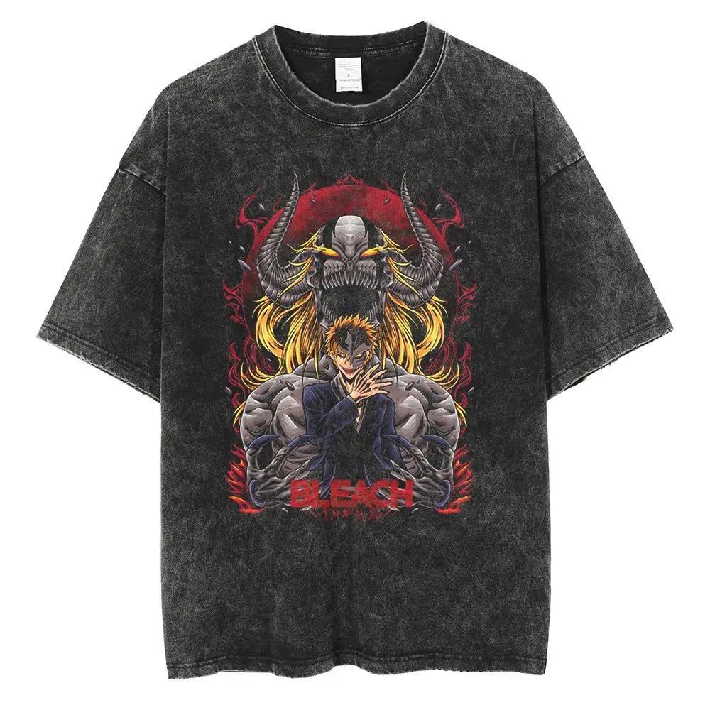 2026 BLEACH Ichigo Kurosaki Hollow Mask Print T-shirt Black Washed Oversized Cotton Casual Streetwear Tee For Fans