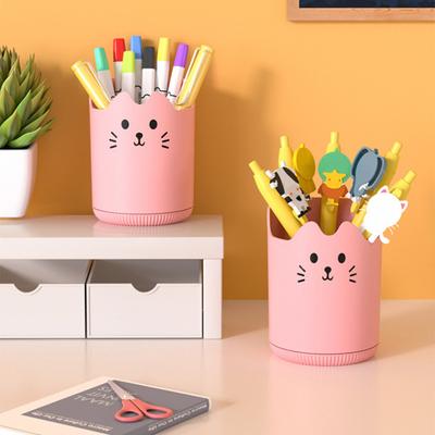 Pen Holder 360 Degree Rotating Cat Pattern Design Large Capacity Stationery Organizer Desk Accessory