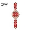 Quartz Movement Watch Women Rhinestone Leaf Round Dial Ladies Casual