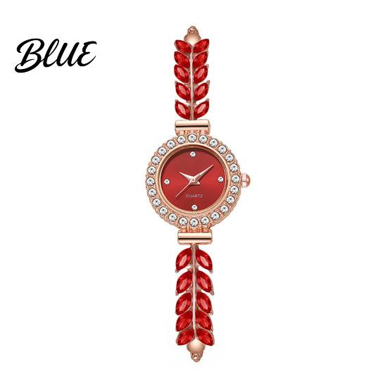 Quartz Movement Watch Women Rhinestone Leaf Round Dial Ladies Casual