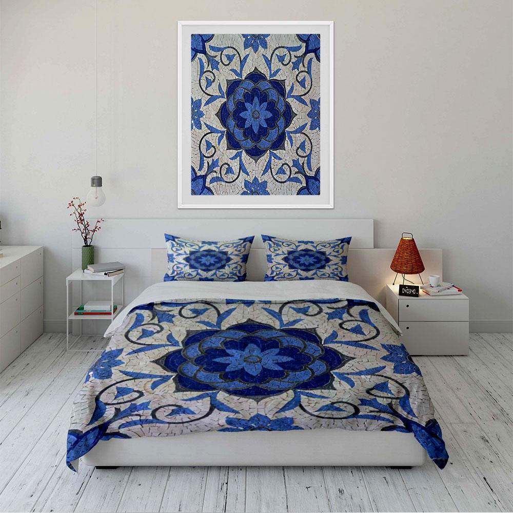 Blue Floral Mosaic Pattern Bedding Duvet Cover Set Duvet Cover Pillowcases  (1*Duvet Cover 2*Pillowcases, Without Duvet Insert)