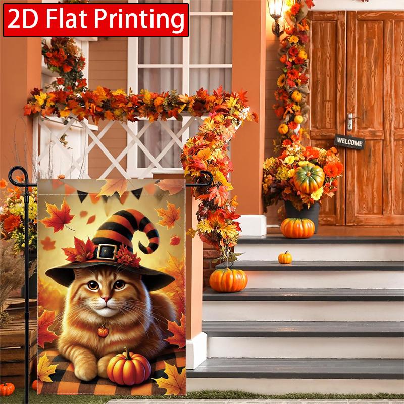 2D Flat - 2D Flat Striped Wizard Hat Orange Cat Maple Leaf Pumpkin Autumn Halloween Garden Flag Outdoor Garden Flag Double-Sided Home Decoration Cour
