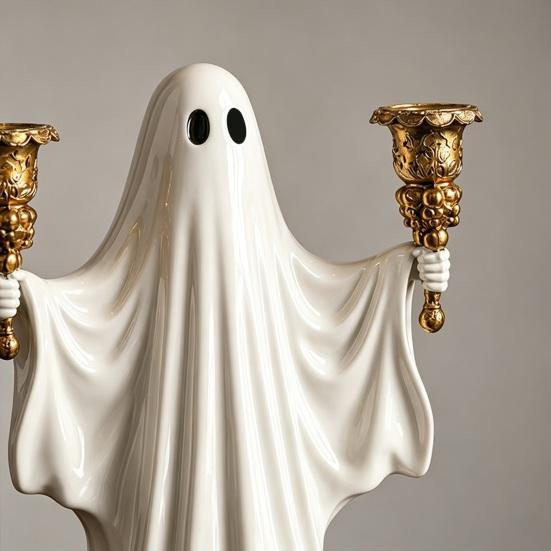Cute Ghost Figurine Candle Holder for Halloween, Resin Tealight Candlestick, Taper Halloween Decoration Home Table Decor & Spooky Atmosphere Accessory