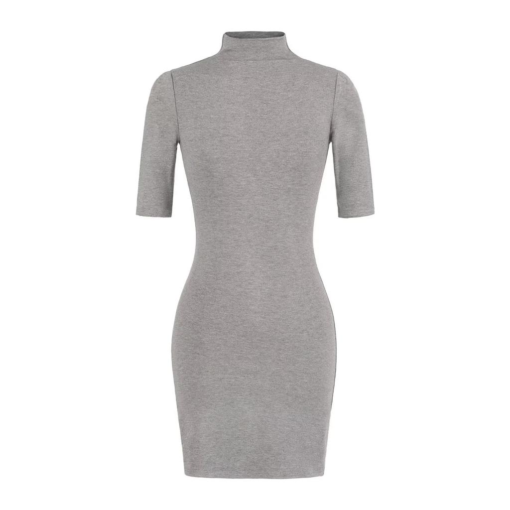 Pure Desire High Neck Slim Fit Mid-Sleeve Dress for Women – Waist-Cinched Hip-Hugging Skirt