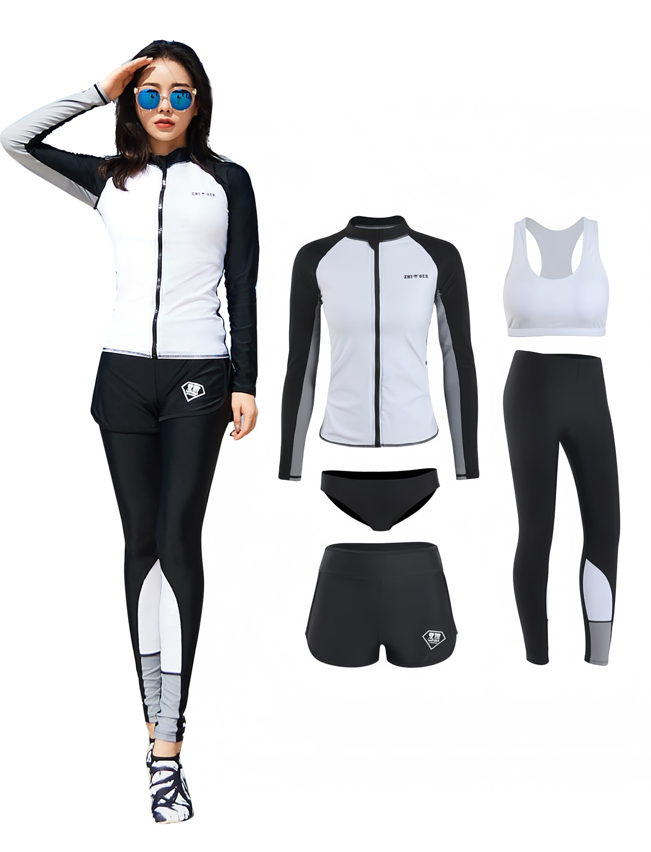 

Женский купальник-рашгард из 5 предметов Beatgos, с длинным рукавом, защита от УФ-излучения UPF 50+, для фитнеса, милый, амфибийный (Женский 2001 L)