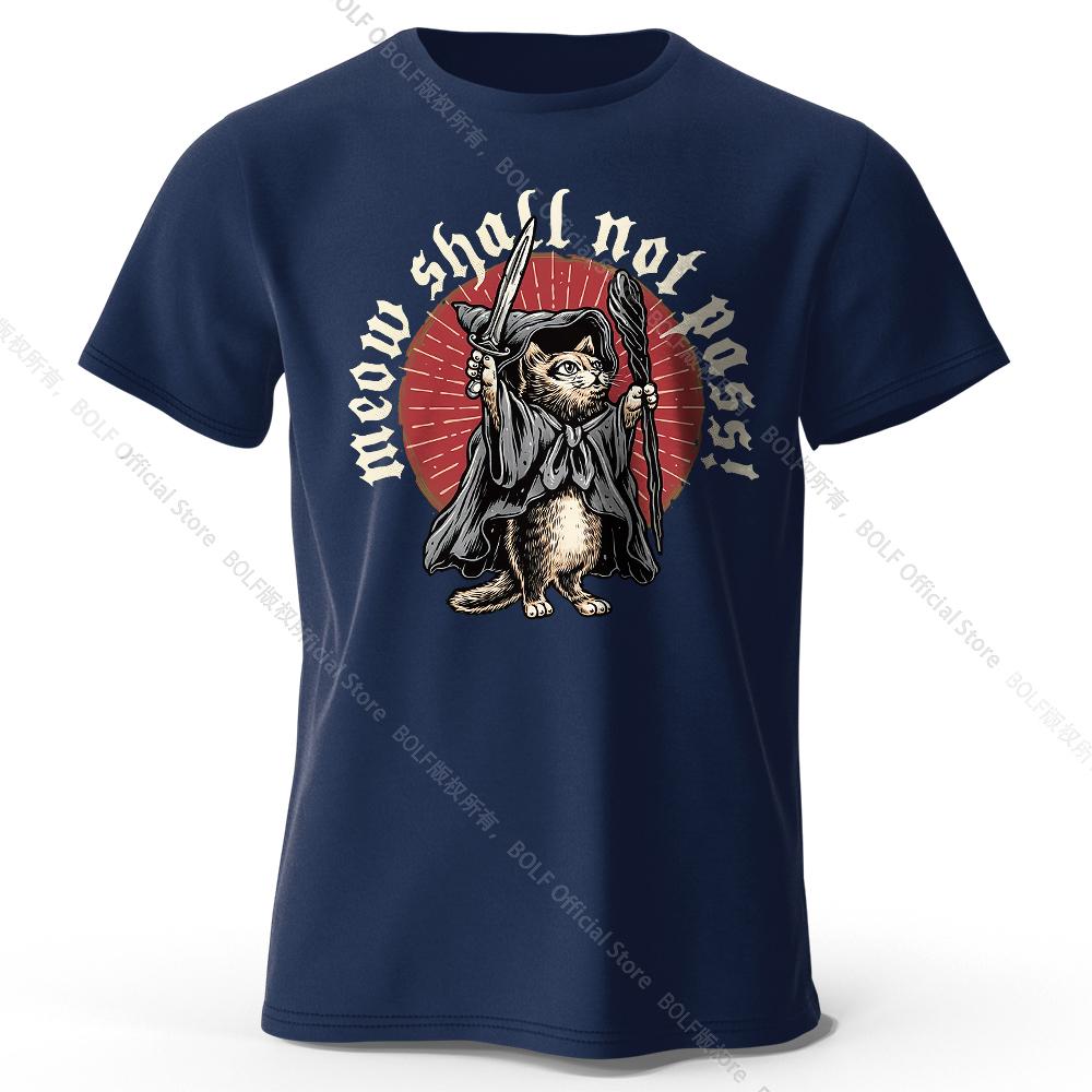 Men's Meow Shall Not Pass Printed T-Shirt 100% Cotton Oversized Cat Graphic Tees for Women Summer Tops Nerd Streetwear