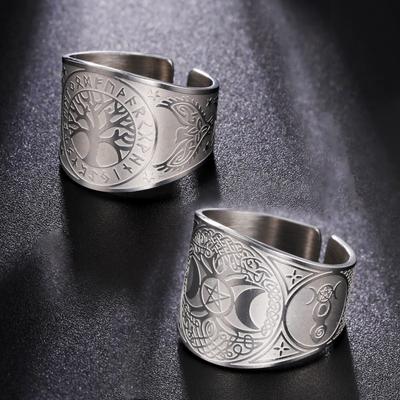 Viking Tree of Life Open Rings for Men Pentagram Triple Moon Goddess Ring Vintage Magic Amulet Wicca Stainless Steel Jewelry