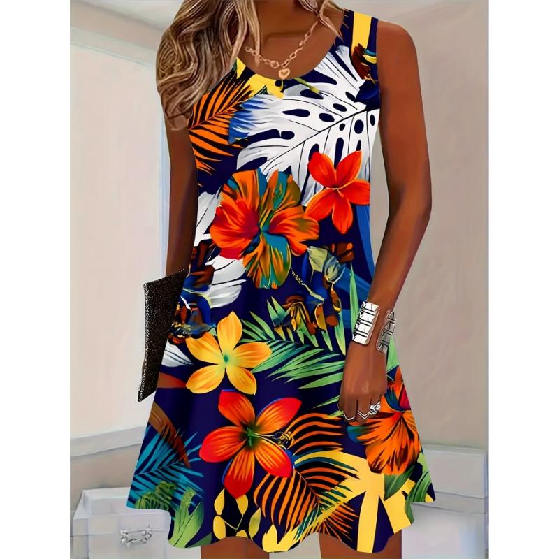 

Ladies Tropical Floral Print Sleeveless Dress | Summer Vacation Beach Casual Wear, Round Neck, Full Body Print S
