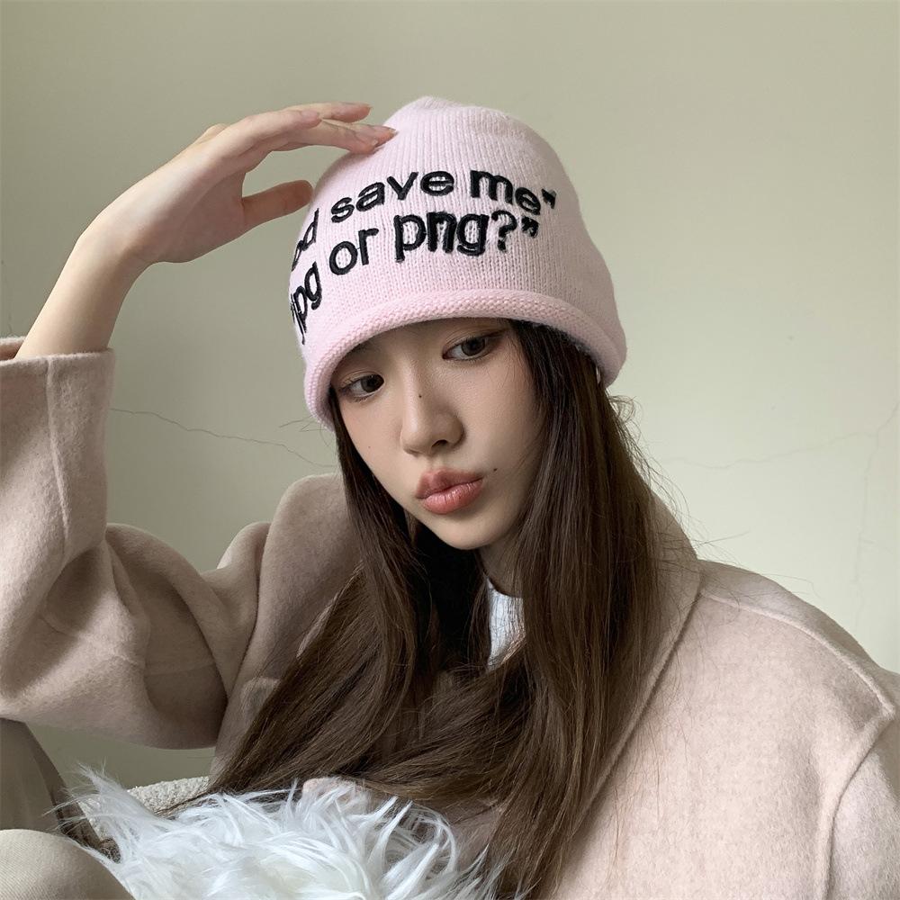

Dome embroidery knitted American cold hat letter stack hat wool sweet cool hot girl headgear tide autumn and winter versatile Adult elastic темно-коричневого кольору