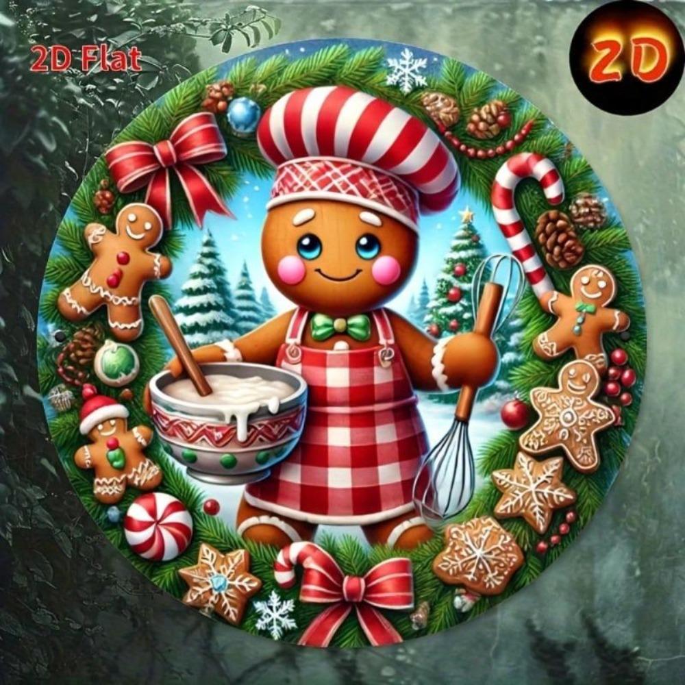 Tin Metal Christmas Gingerbread Girl Cookie Wreath Decoration 8x8 Inch Flat Wall Art