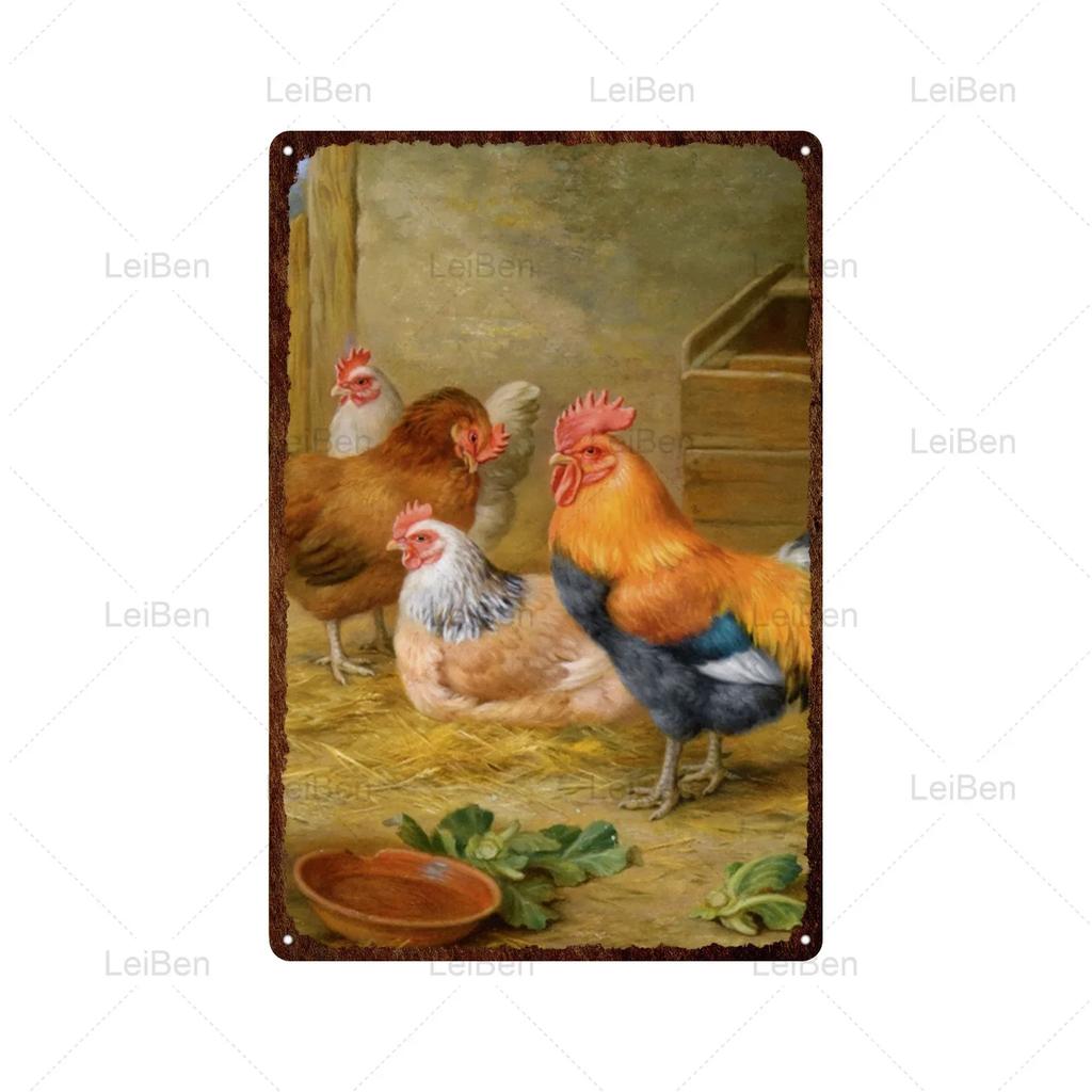 Kyckling Vintage Metallplåtskyltar Kyckling Tupp Höna Ägg Gård Staket Skylt Retro Plakett Dekorativ Plåt för Gårdstallrik Heminredning
