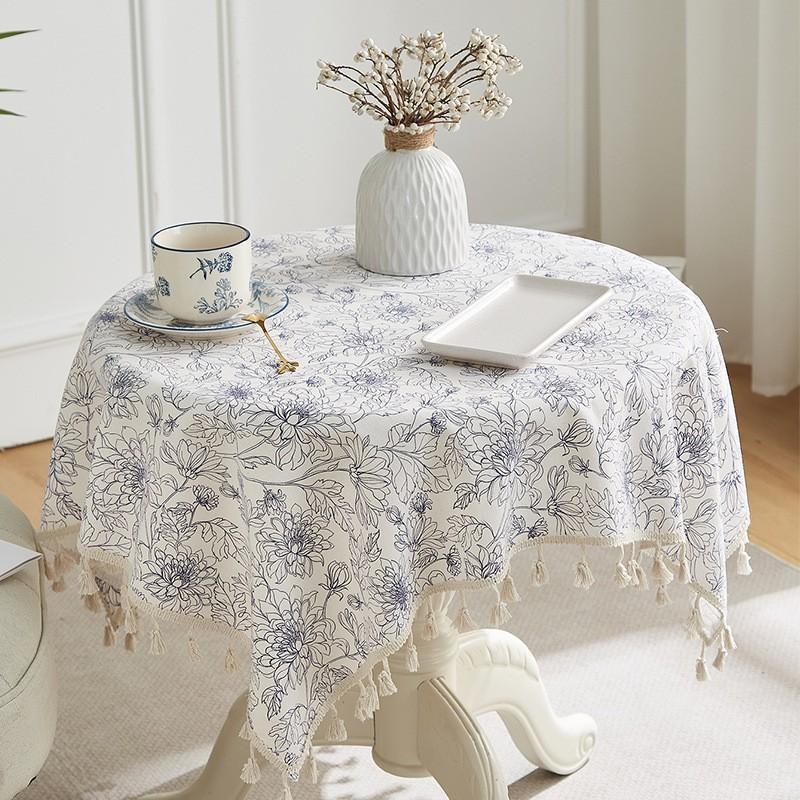Cotton And Linen Small Fresh Navy Blue Small Flower Round Tablecloth Household Living Room Homestay Decoration Fringed Tablecloth