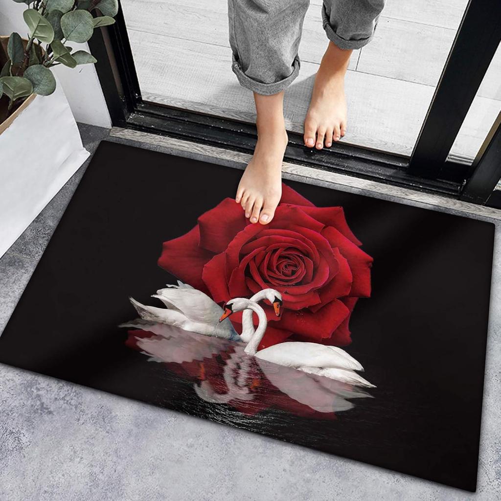 Red Rose and Swan Bath Mat Non Slip Soft Bathroom Rug Romantic Flower Animal Floor Mat for Home Decor 20x32 Inch