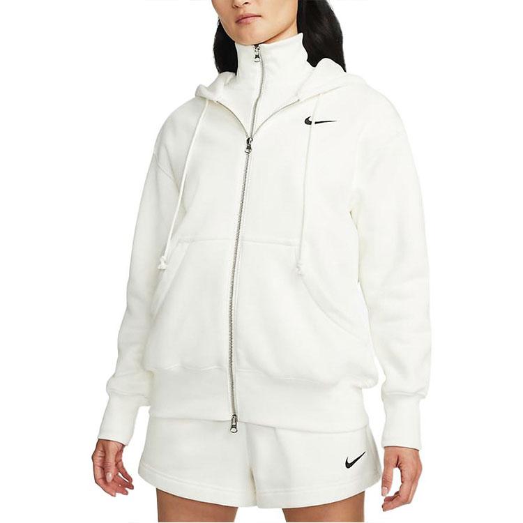 Nike Jednolity Kolor Nadruk z Logo Bluza z Kapturem na Zamek z Długim Rękawem Damskie Top Biały DQ5759-133
