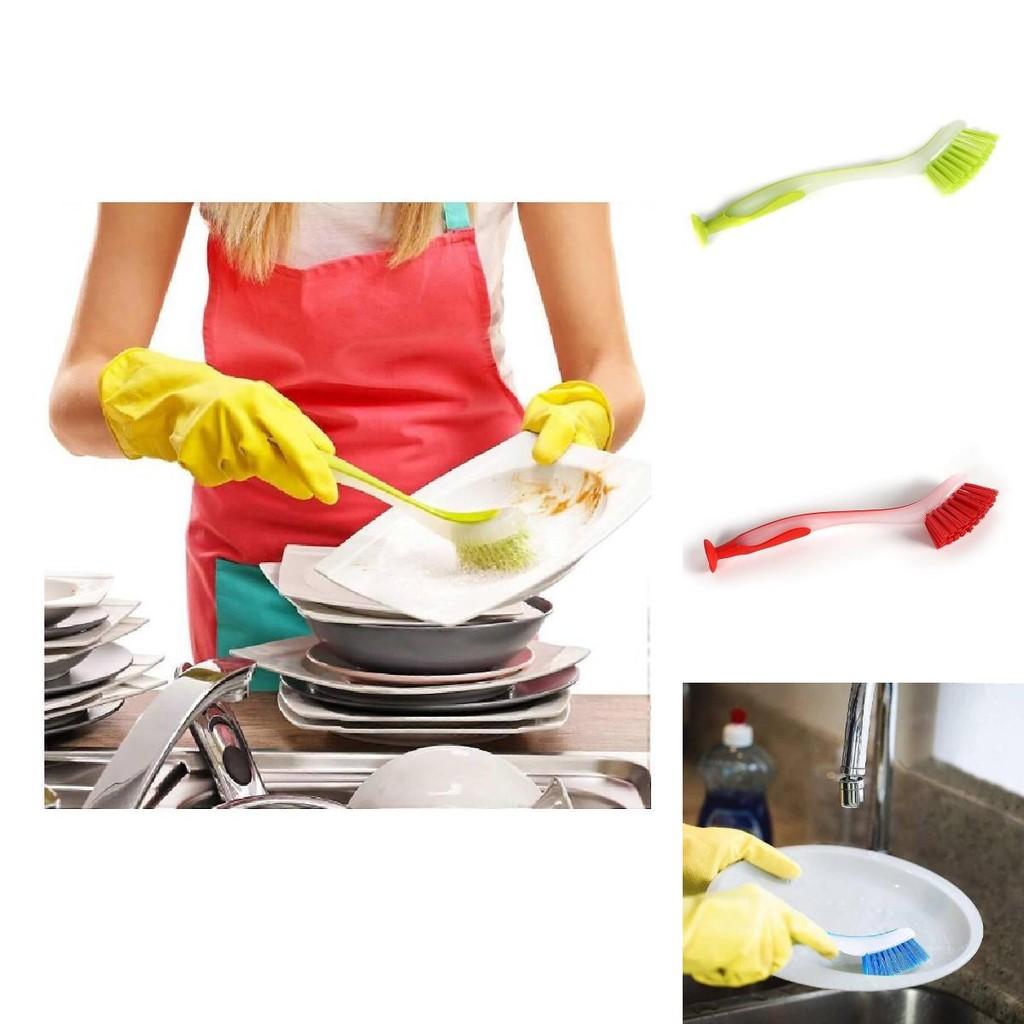 Plastic Dish Cleaning Brush With Suction Cup And Long Handle For Kitchen Scrubbing Tasks