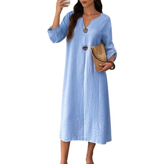 

Summer Cotton Dress for Women Long Sleeve V Neck Flowy Long Dress Casual Beach Vacation A-line Sundress S небесно-голубой