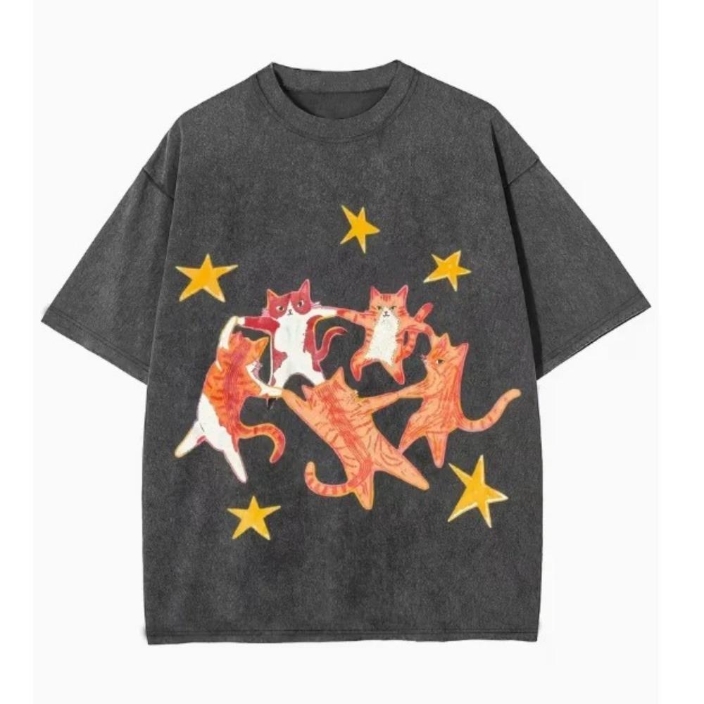 Y2K Style Hip-hop Dancing Cat Star Print T-shirt, Retro Unisex Loose Short Sleeve Graphic Streetwear Tee for Men Women, Summer Casual Tops